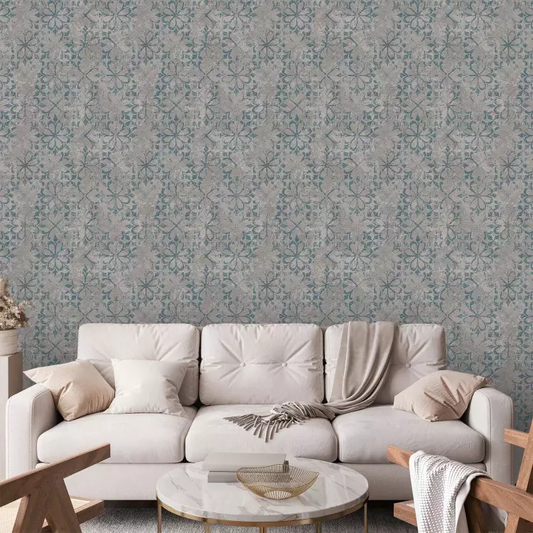 Papel pintado Pattern - Blue, Slightly Blurred Pattern With a Flower Motif on a Gray Background