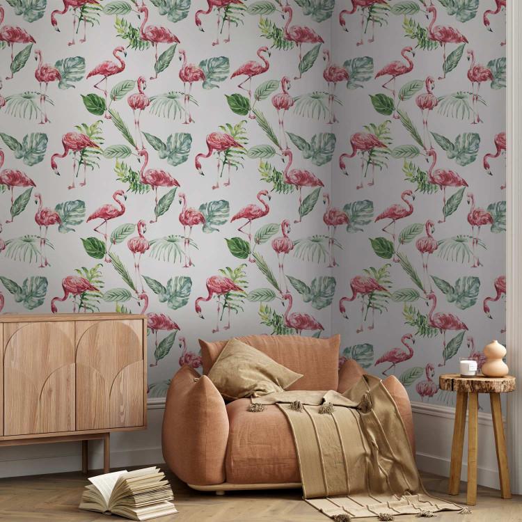 Papel pintado Exotic Birds - Dignified Pink Flamingos and Tropical Leaves