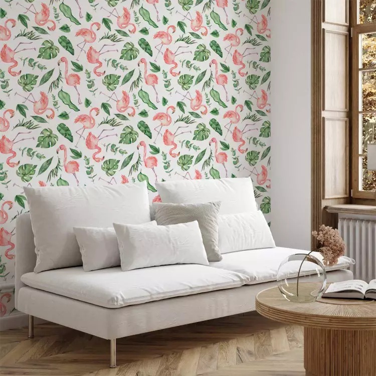Exotic Pattern - Pink Flamingos and Green Leaves on a White Background