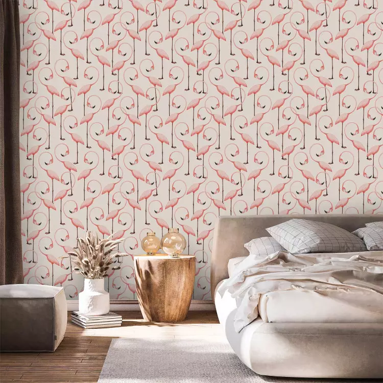 Papel decorado Pink Pattern - Rows of Pink Flamingos With Eyes Closed