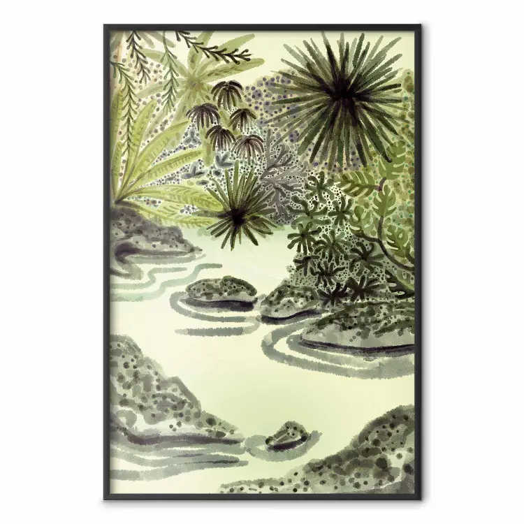 Lago tropical - paisaje en acuarela en tonos verdes