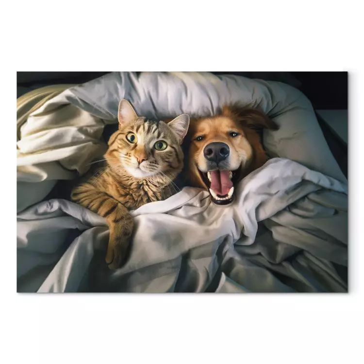 AI Golden Retriever Dog and Tabby Cat - Animals Resting in Comfortable Bedding - Horizontal