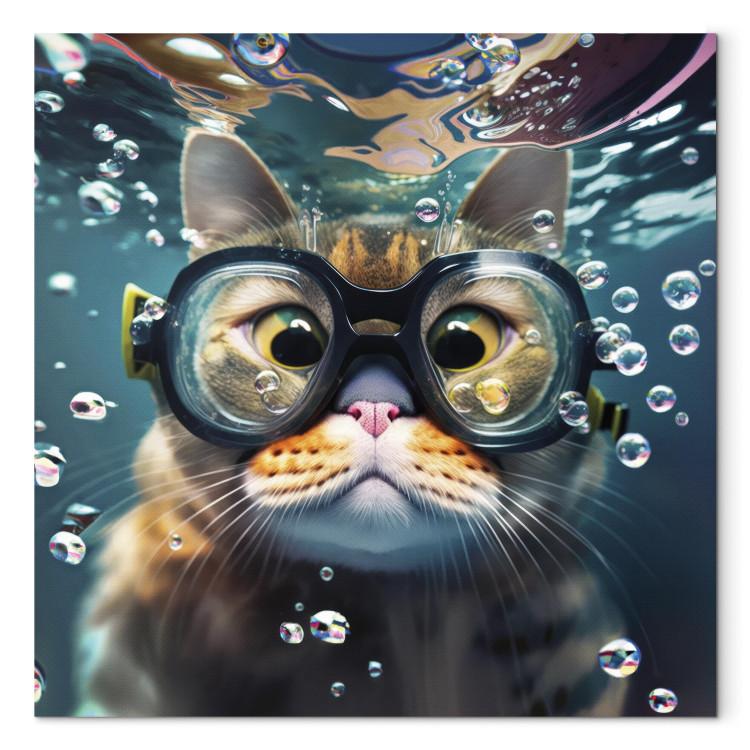 Impresion en lienzo AI Cat - Diving Animal in Goggles Among Bubbles -  Horizontal - Gatos - Animales - Cuadros