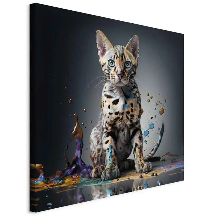 AI gato bengalí - gato en charco de colores explosivos - cuadrado