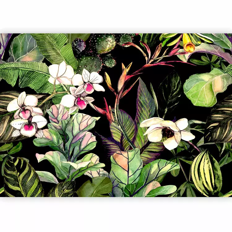 Selva tropical - acuarela de flores, plantas en tonos cálidos