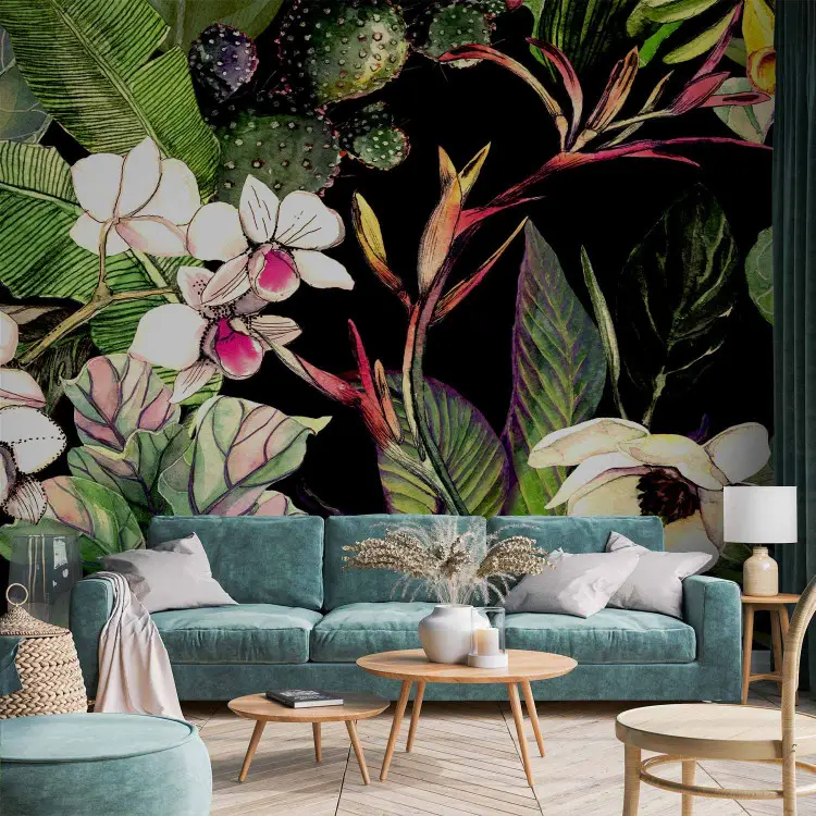 Selva tropical - acuarela de flores, plantas en tonos cálidos