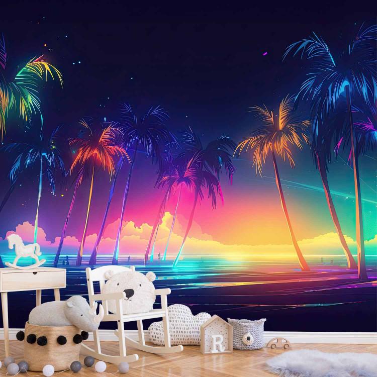 Beach and Colors - Ocean and Tropical Palm Trees With Neon Lights