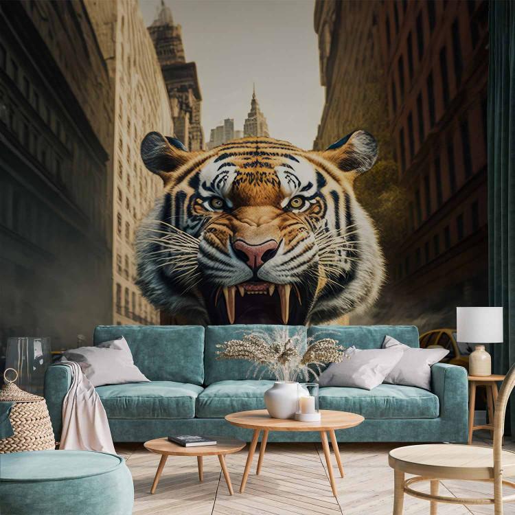Urban Jungle - A Menacing Roaring Tiger on the Street in New York City