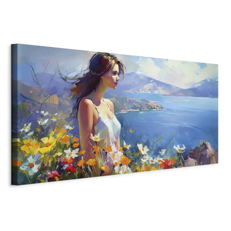 Mujer contra el mar - paisaje floral de montaña estilo Monet