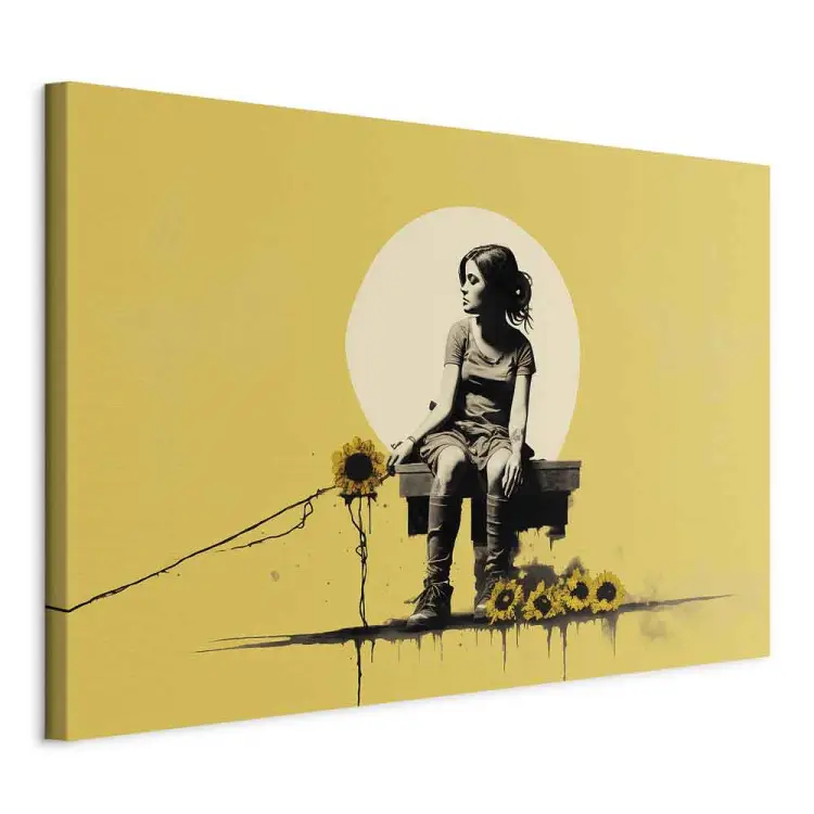 Niña y girasoles - composición amarilla estilo Banksy