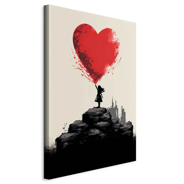 Corazón rojo - figura estilo Banksy con globo fondo urbano