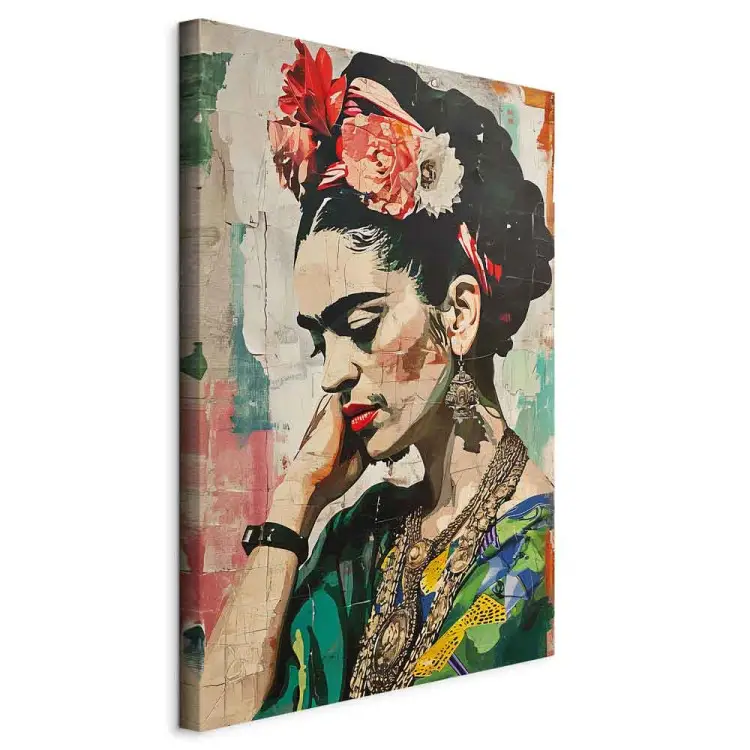 Frida Kahlo - colorido retrato de una mujer en una pared agrietada