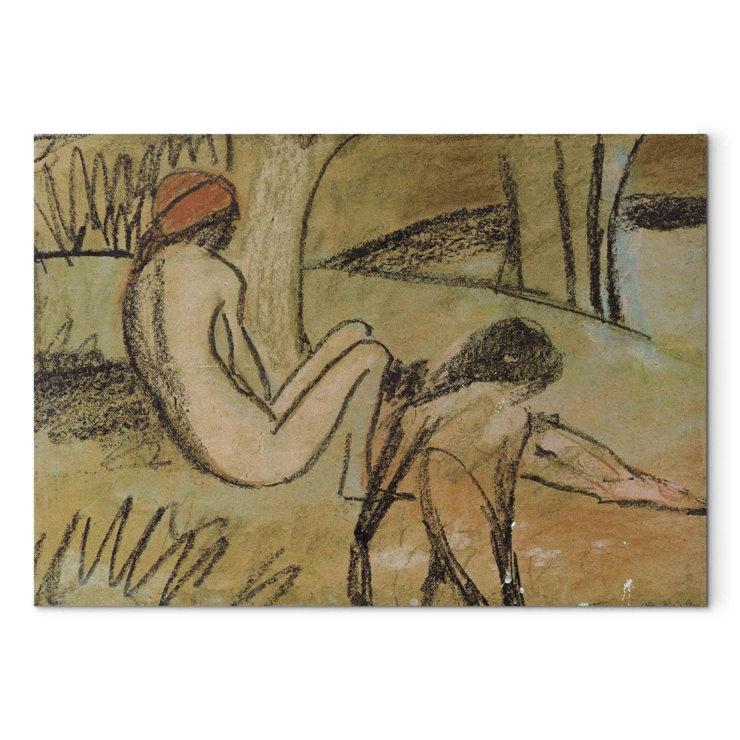 Reproducción Two sitting girls in front of a lying figure