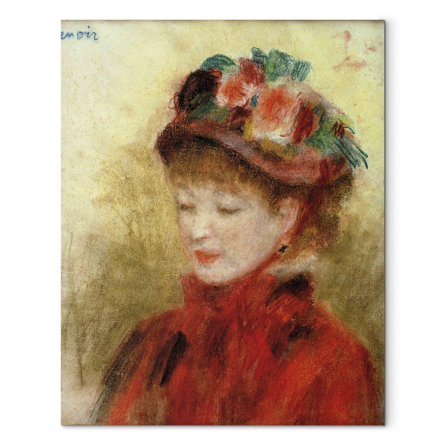 Reproducción Jeune femme au chapeau aux fleurs