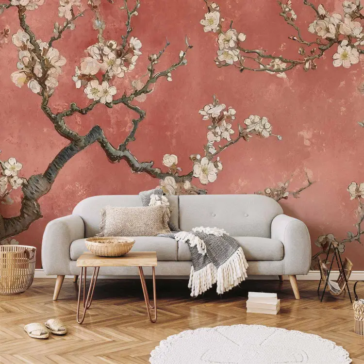 Árbol en flor - composición con ramas sobre fondo de terracota