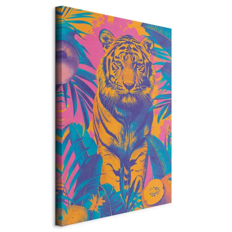 Tigre tropical - animal salvaje entre plantas y frutas exóticas