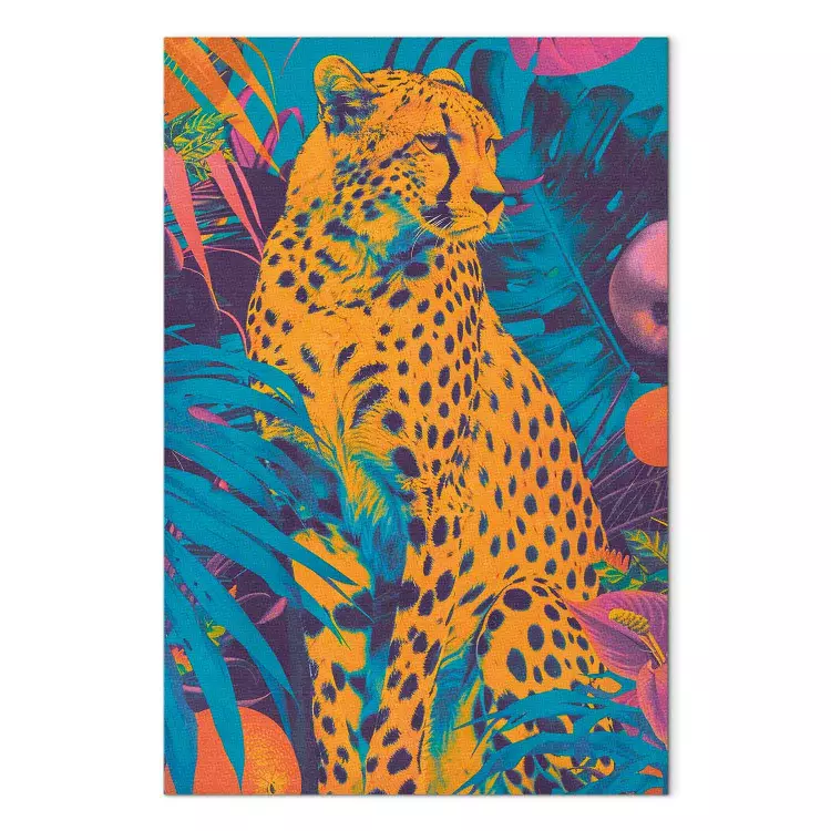 Guepardo pop-art - felino entre plantas tropicales en vivos colores