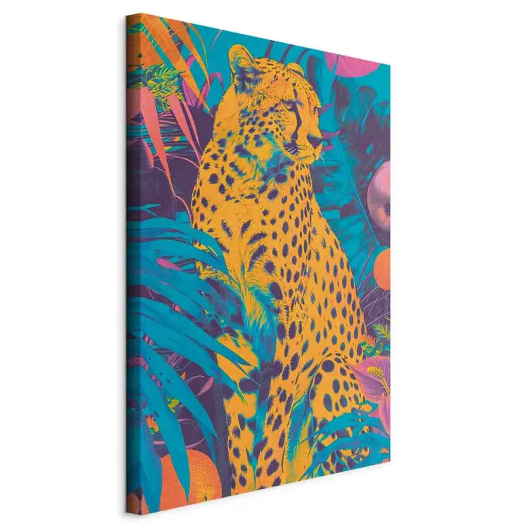 Guepardo pop-art - felino entre plantas tropicales en vivos colores