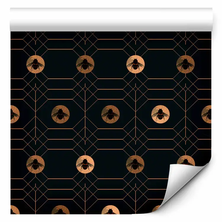 Hexágonos oscuros - abejas doradas sobre fondo negro con patrón geométrico