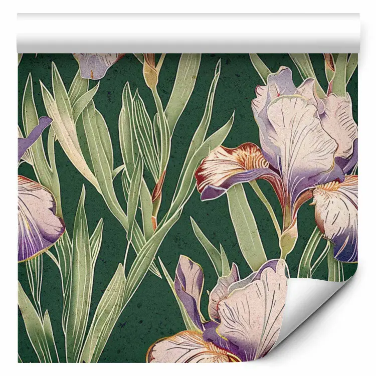 Grabados florales - delicados iris morados sobre fondo verde oscuro