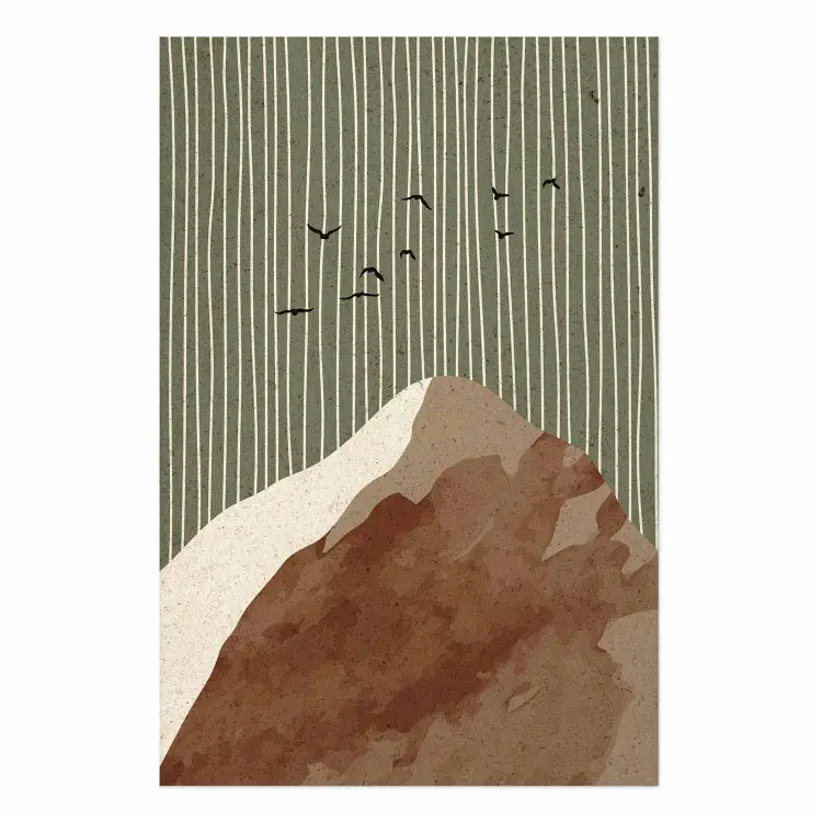 Vuelo en el cielo verde - montaña abstracta con líneas verticales y aves