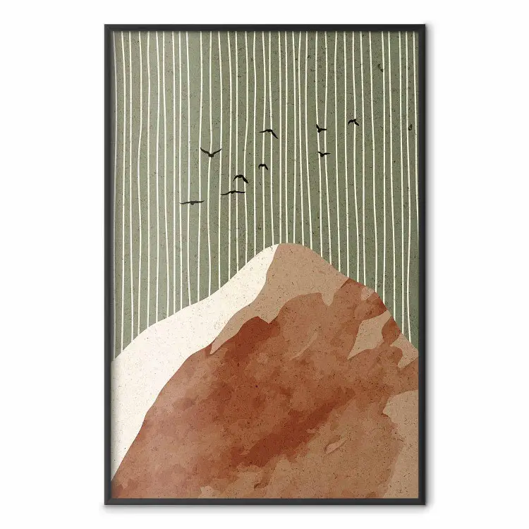 Vuelo en el cielo verde - montaña abstracta con líneas verticales y aves