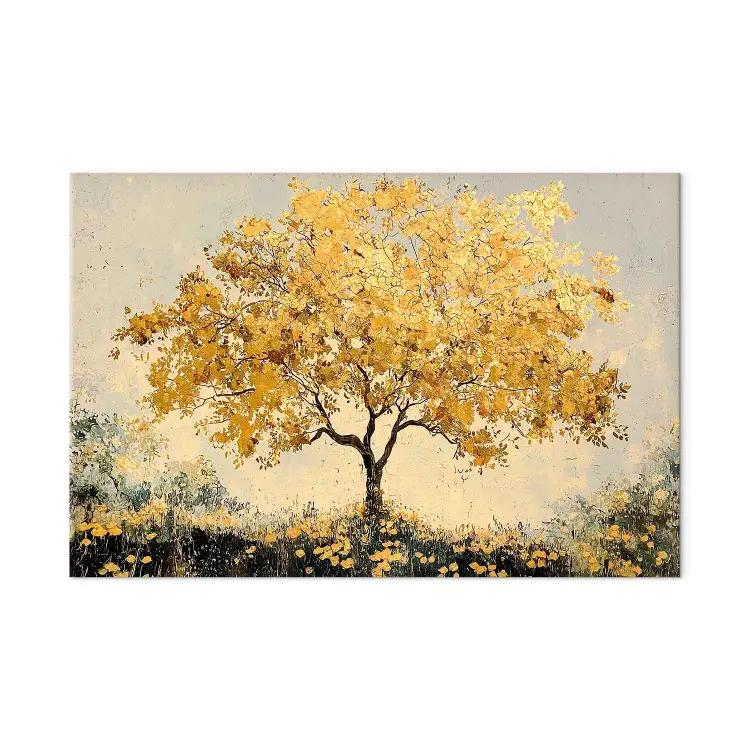 Corona otoñal - árbol de gran tamaño en tonos dorados sobre un prado