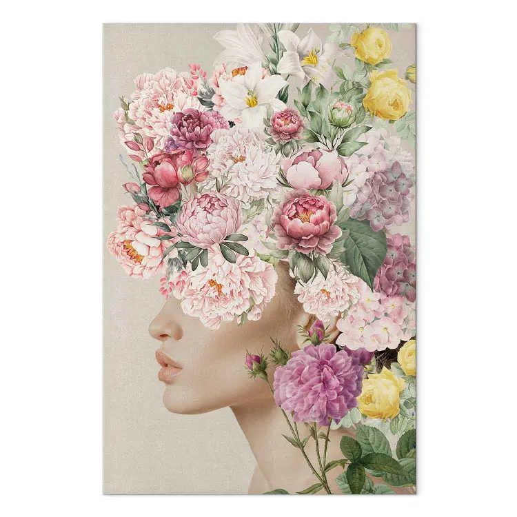 En corona floral - perfil delicado de mujer entre rosas y lirios