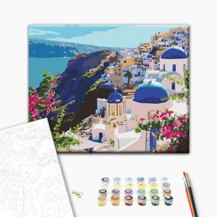 Tishiron Pintura Por Números Santorini – Kit Sobre Lienzo 40x50 Cm Con Marco – Acrílico DIY Para Adultos Y Principiantes