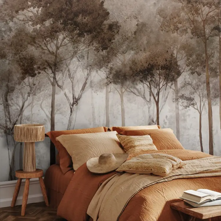 Sepia de bosque: un paisaje pictórico de árboles en tonos marrones de niebla.