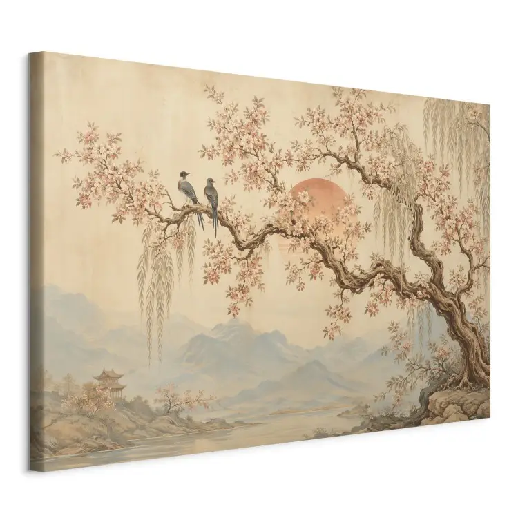 Cerezo - Paisaje japonés, pájaros en una rama, sol rojo