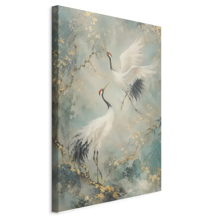 Danza de la grulla: aves japonesas entre ramas doradas en flor