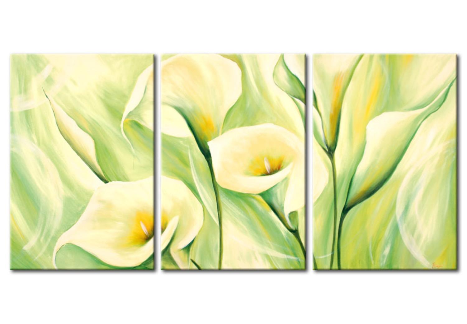 Cuadro decorativo Calas amarillas (3 piezas) - motivo floral con flores en fondo verde