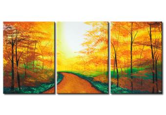 Cuadro moderno Camino del bosque (3 piezas) - naturaleza otoñal con árboles y hojas