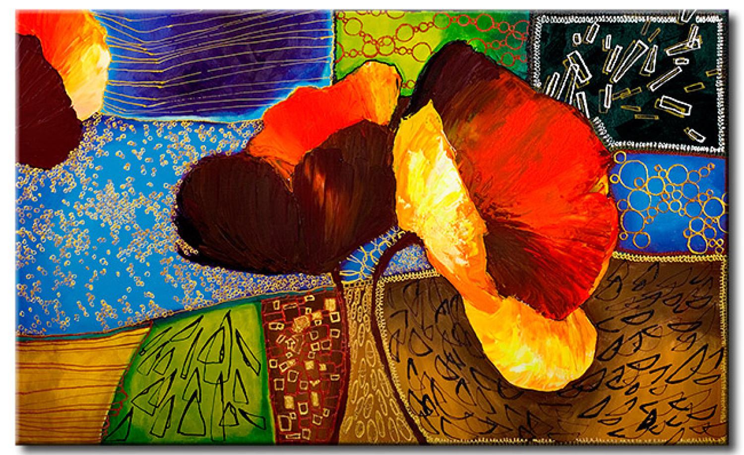 Cuadro decorativo Amapolas (1 pieza) - abstracción colorida con motivo floral y patrones