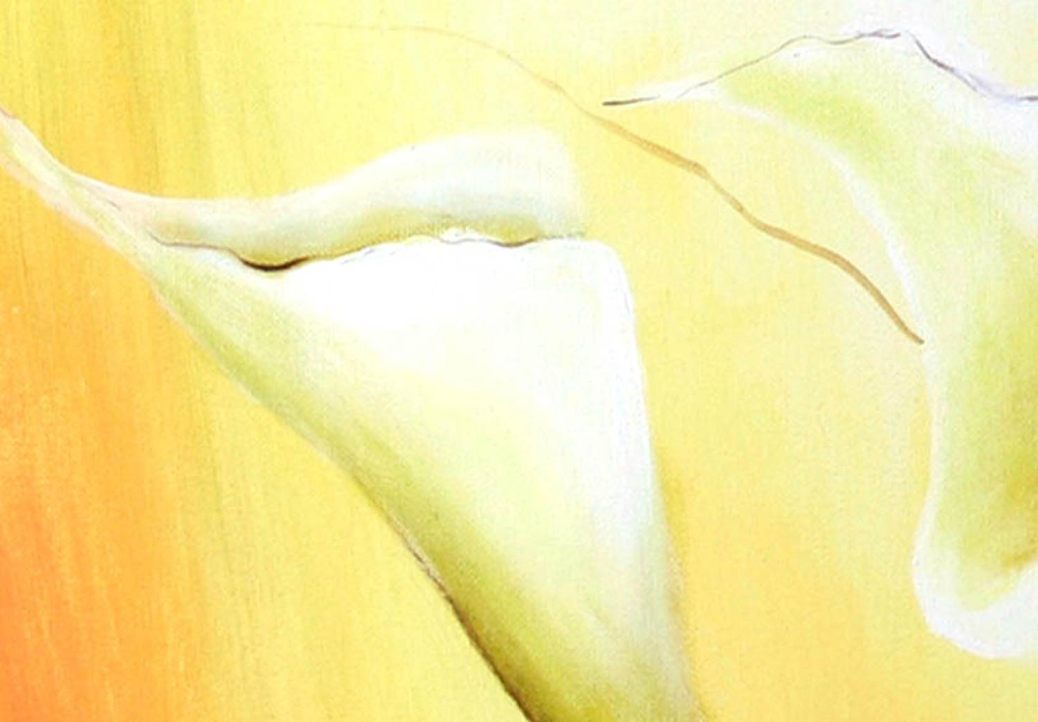 Cuadro moderno Belleza clásica (3 piezas) - ramo de dalias claras en fondo amarillo