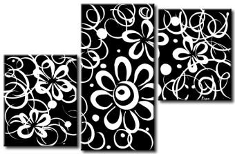 Cuadro decorativo Vegetación blanco y negro (3 piezas) - motivo floral con patrones