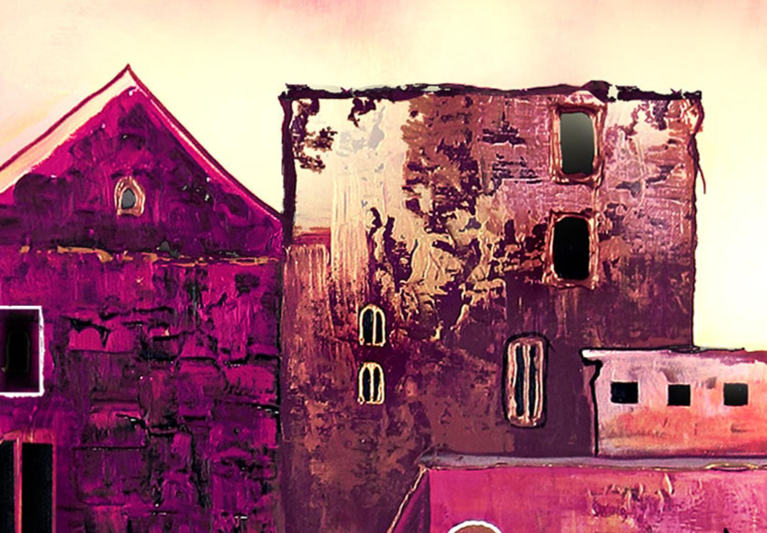 Cuadro moderno Arquitectura de los sueños (5 piezas) - ciudad rosa abstracta y casas