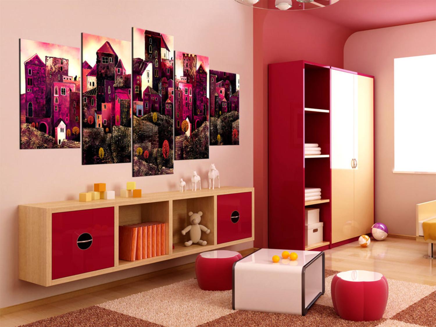 Cuadro moderno Arquitectura de los sueños (5 piezas) - ciudad rosa abstracta y casas