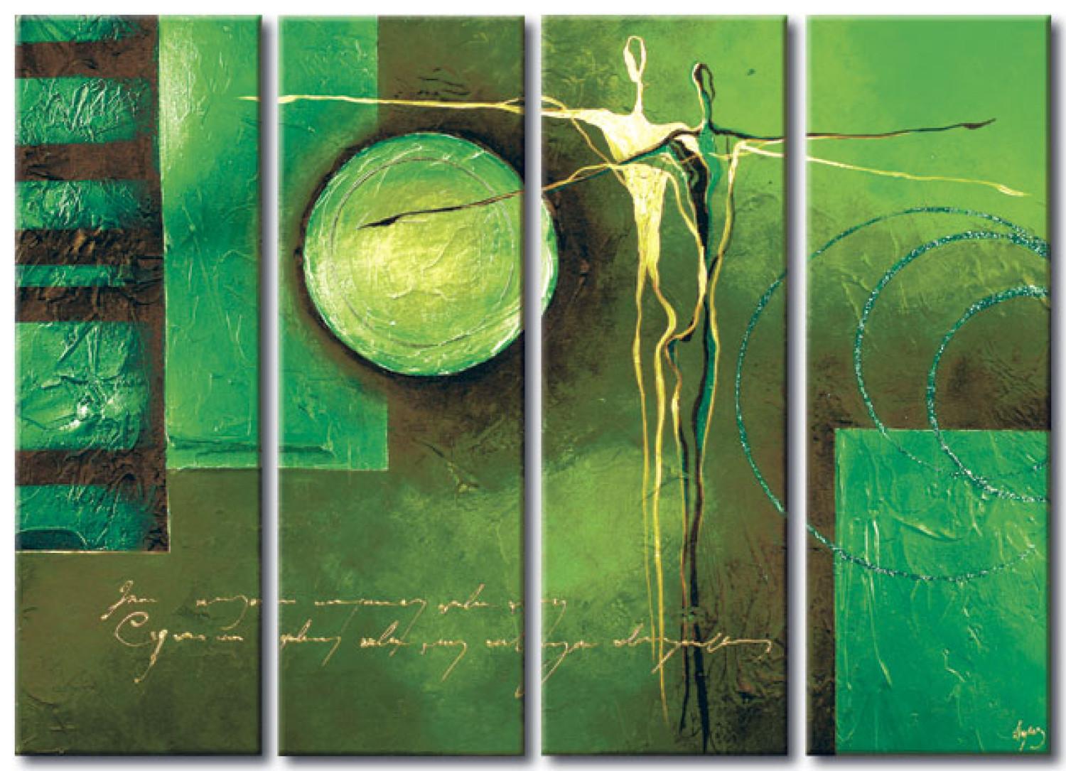 Cuadro decorativo Reyes del mundo (4 piezas) - abstracción verde con pareja de siluetas