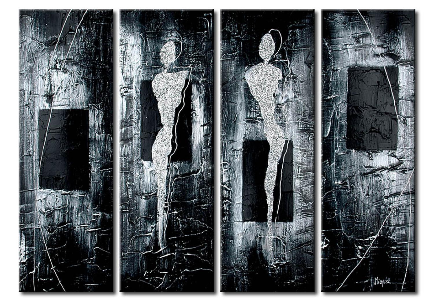 Cuadro Pareja de grafito (4 piezas) - siluetas abstractas en fondo con patrón