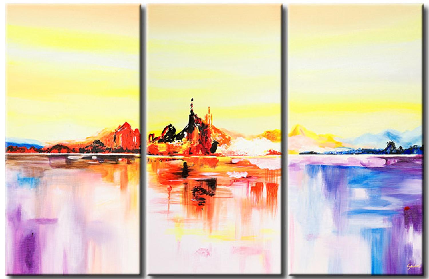 Cuadro moderno Costa esperada (3 piezas) - paisaje colorido con agua y montañas