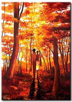 Cuadro decorativo Amor otoñal (1 pieza) - personas en ambiente de bosque naranja