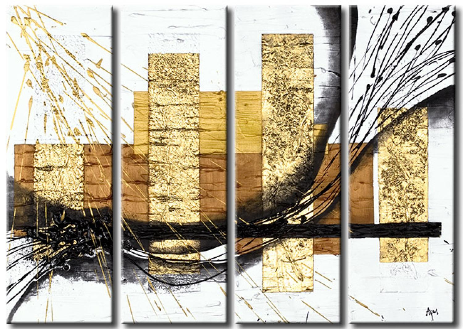 Cuadro Abstracción (4 piezas) - figuras geométricas doradas con banda negra