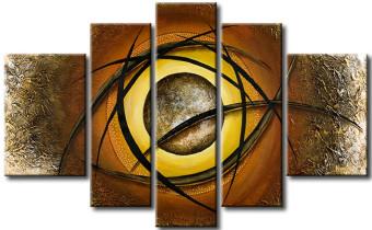 Cuadro Eclipse (5 piezas) - abstracción marrón con círculo amarillo y bandas