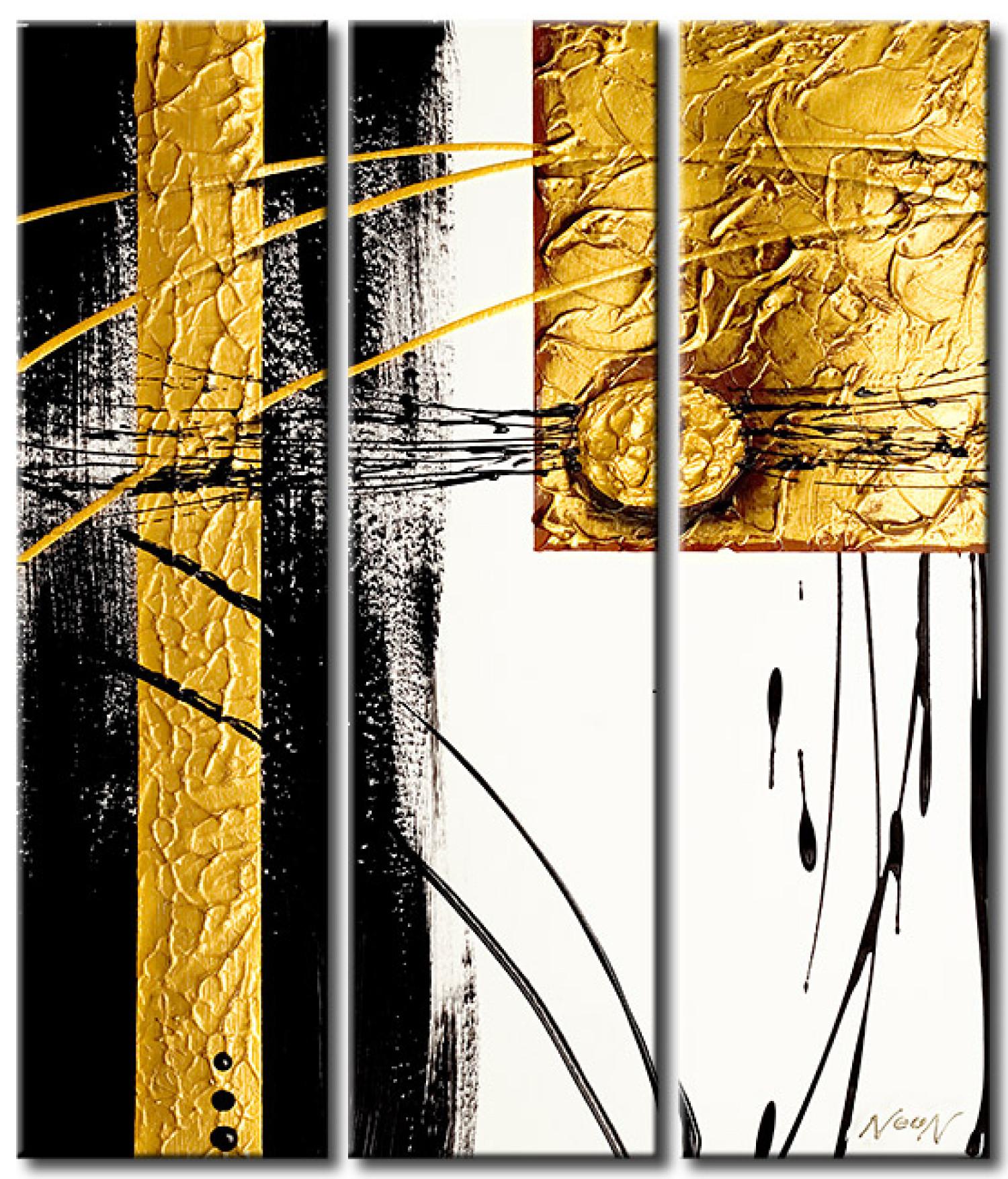 Cuadro decorativo Abstracción dorada (3 piezas) - figuras geométricas en fondo blanco