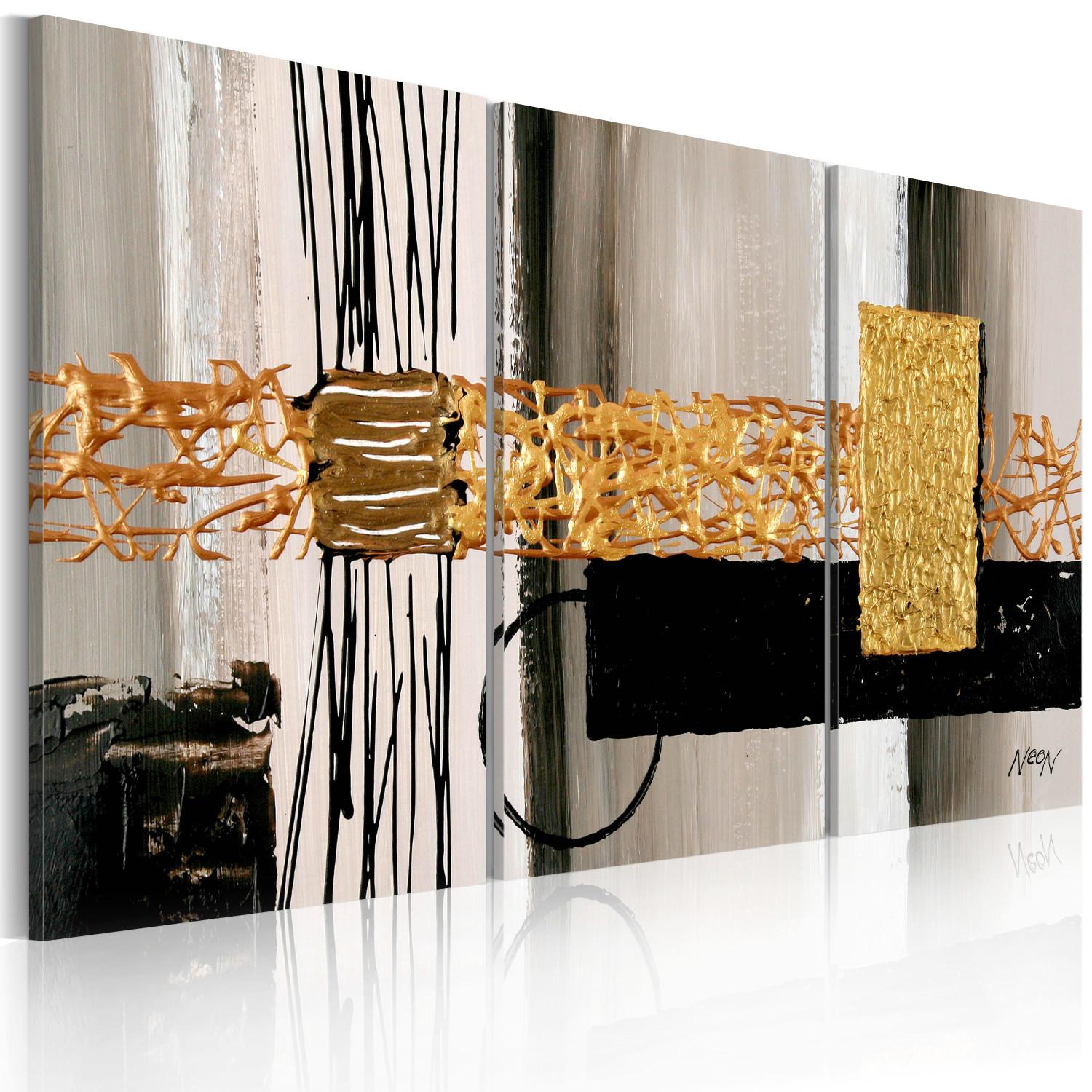 Cuadro moderno Abstracción (3 piezas) - patrones dorados en fondo blanco-negro