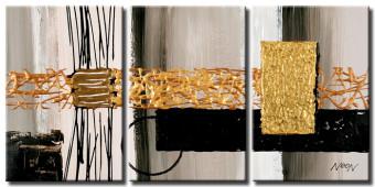 Cuadro moderno Abstracción (3 piezas) - patrones dorados en fondo blanco-negro