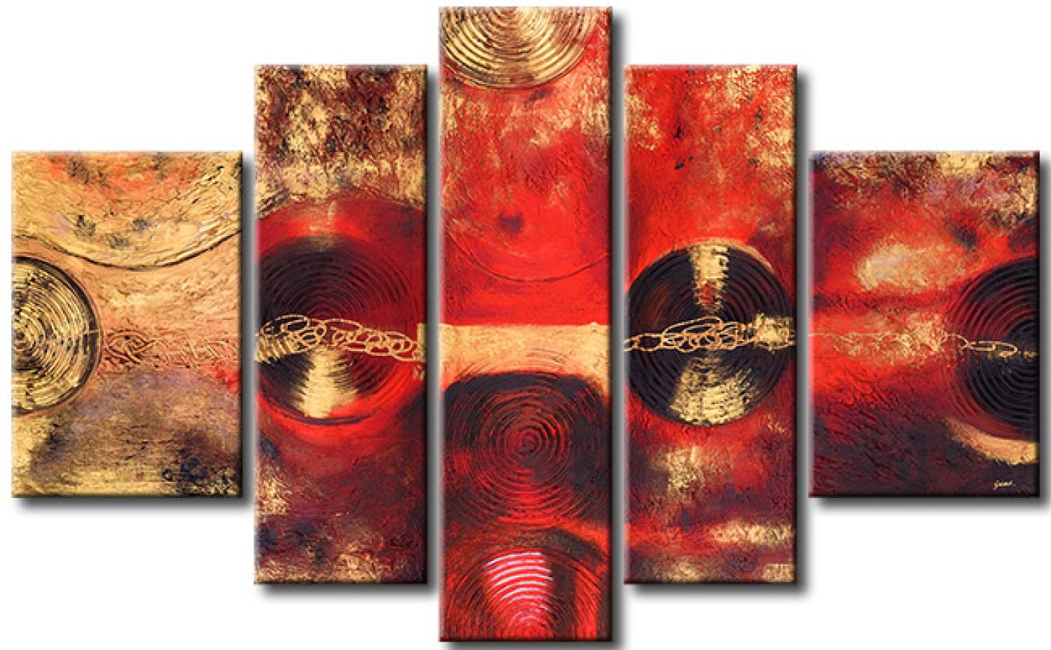 Cuadro Abstracción (5 piezas) - fantasía dorada con círculos en fondo rojo