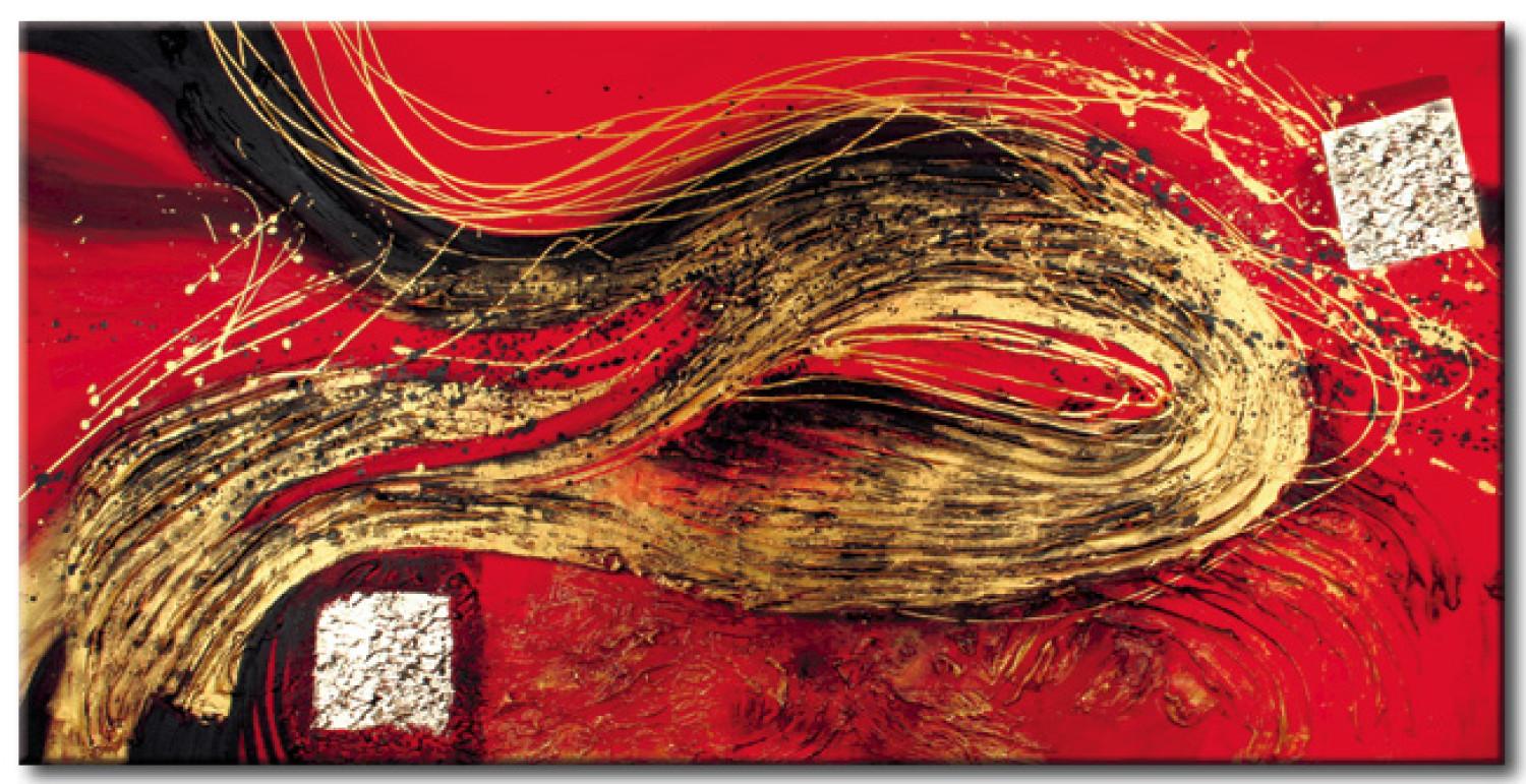 Cuadro Abstracción (1 pieza) - fantasía dorada con olas en rojo
